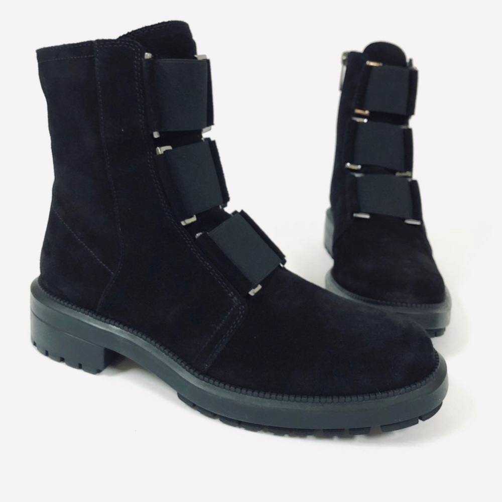 Aquatalia Liv Blk Leather Suede Weatherproof Combat Boot